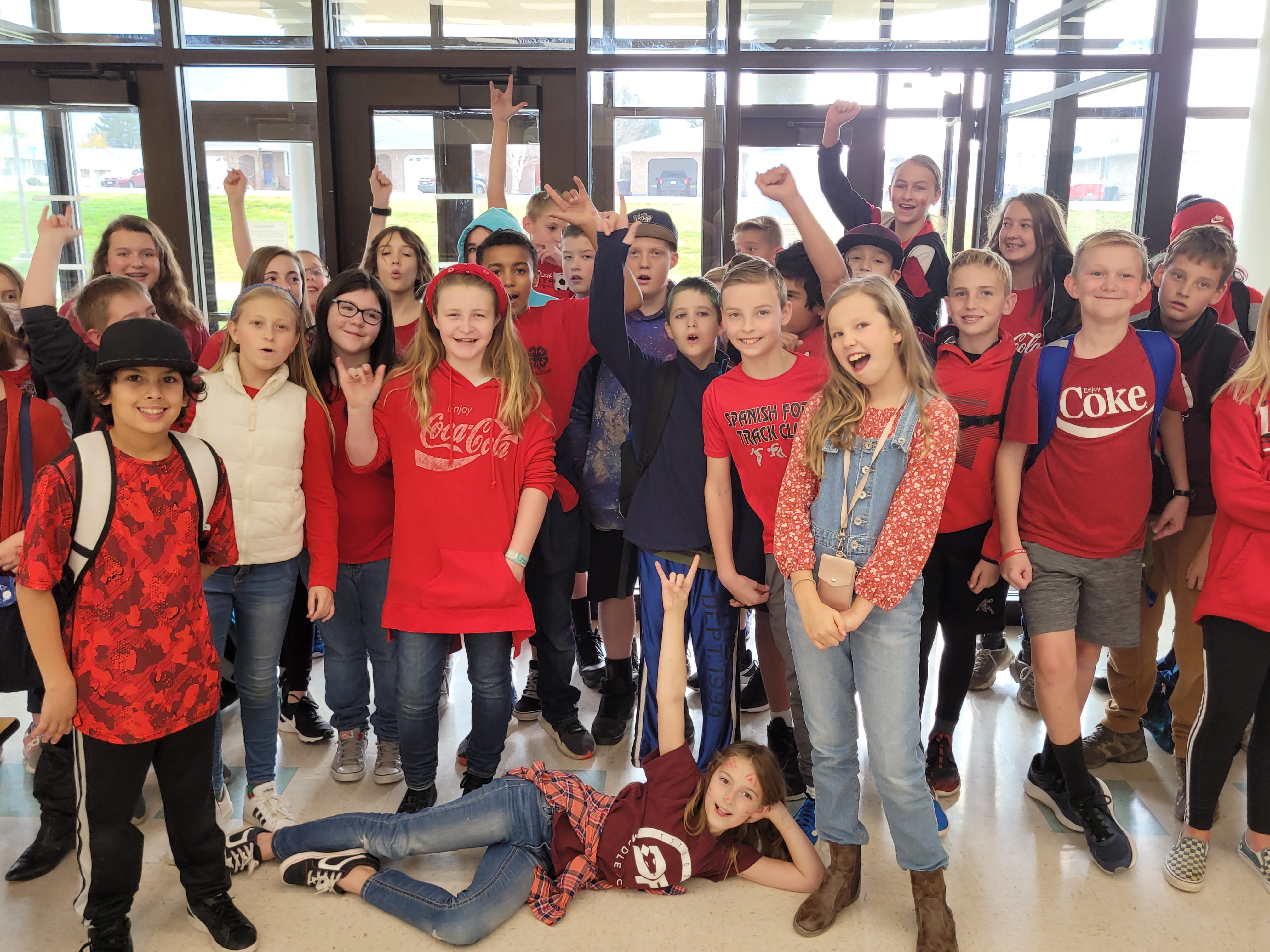 Students wear red to represent kindness during hope week.