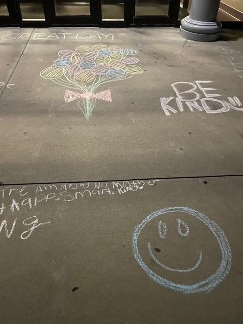 Chalk messages on the front steps at DFMS