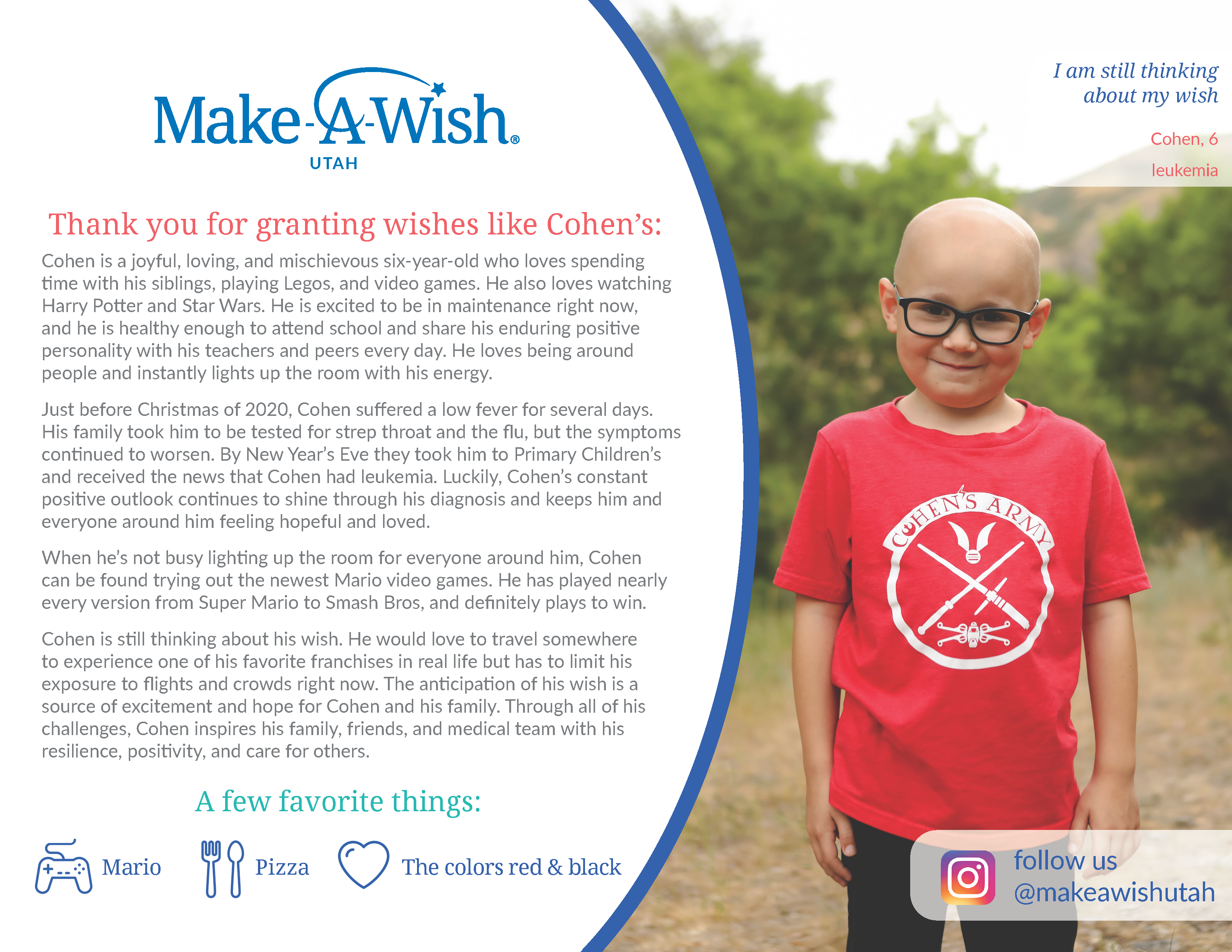 DFMS is raising money for Make-A-Wish, this is the Bio for Cohen.
