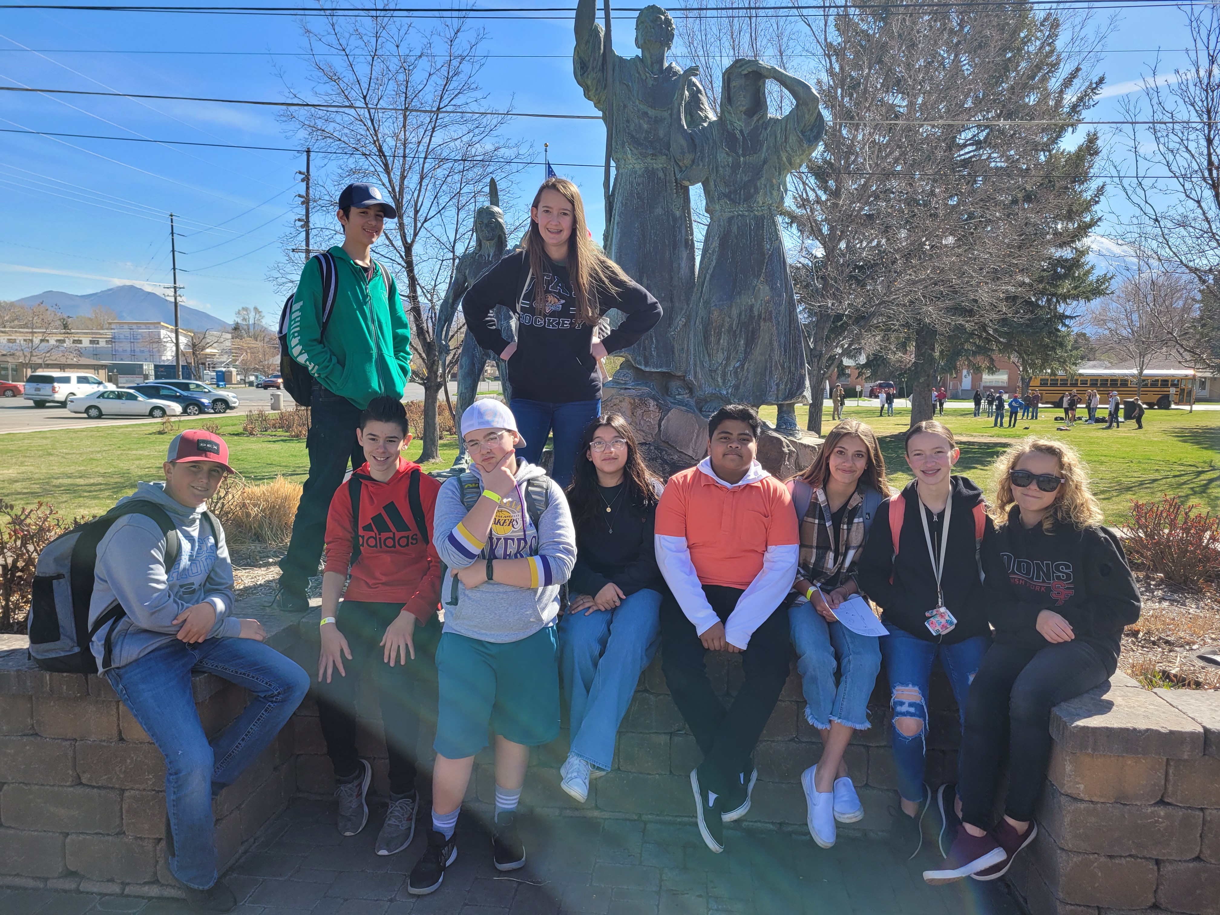 Students at the Escalante/Dominguez statue in the Spanish Fork City Park