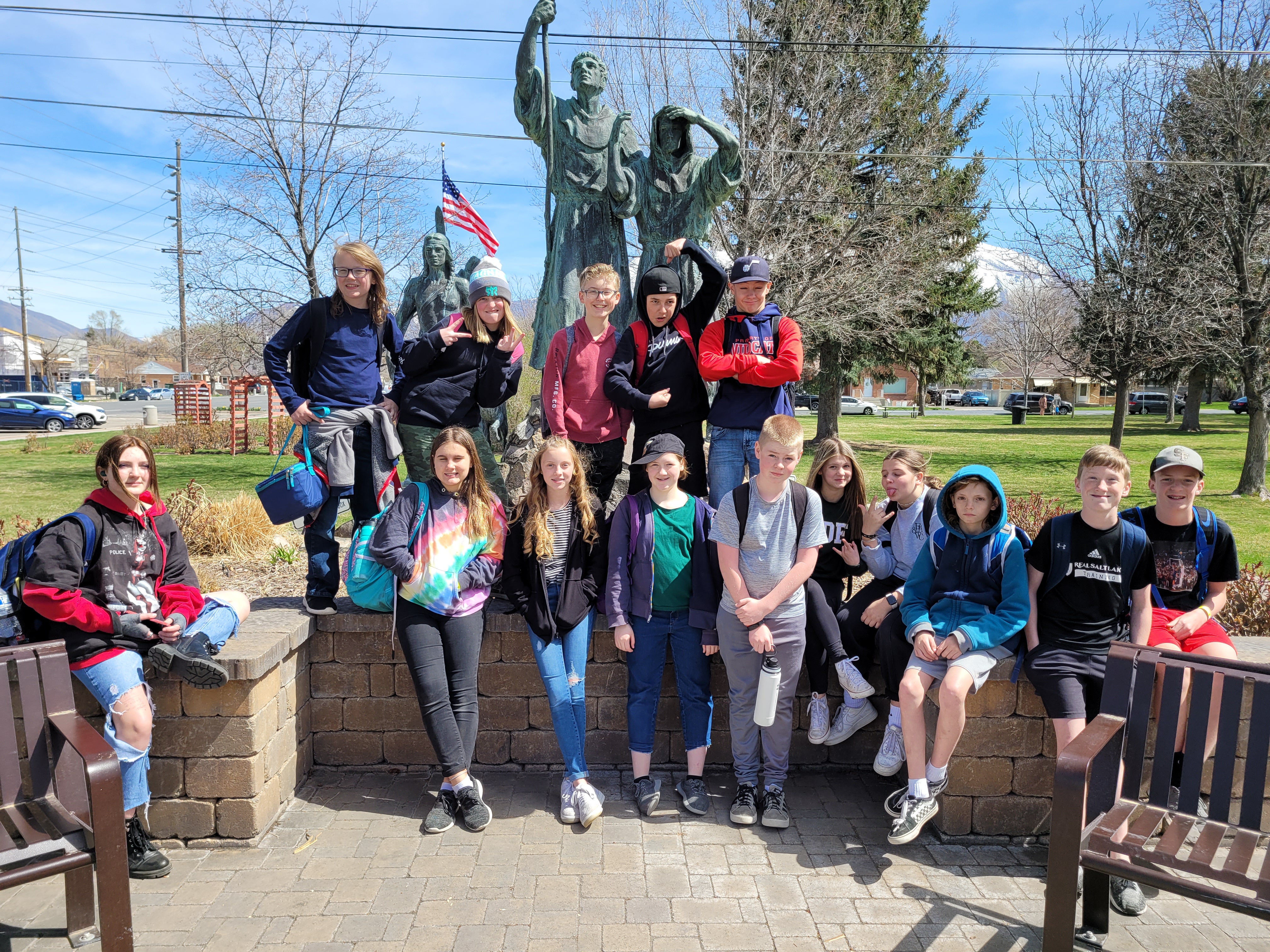 Students at the Escalante/Dominguez statue in the Spanish Fork City Park