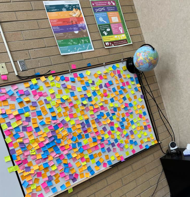 Sticky Notes with gratitude sayings on a bulletin board