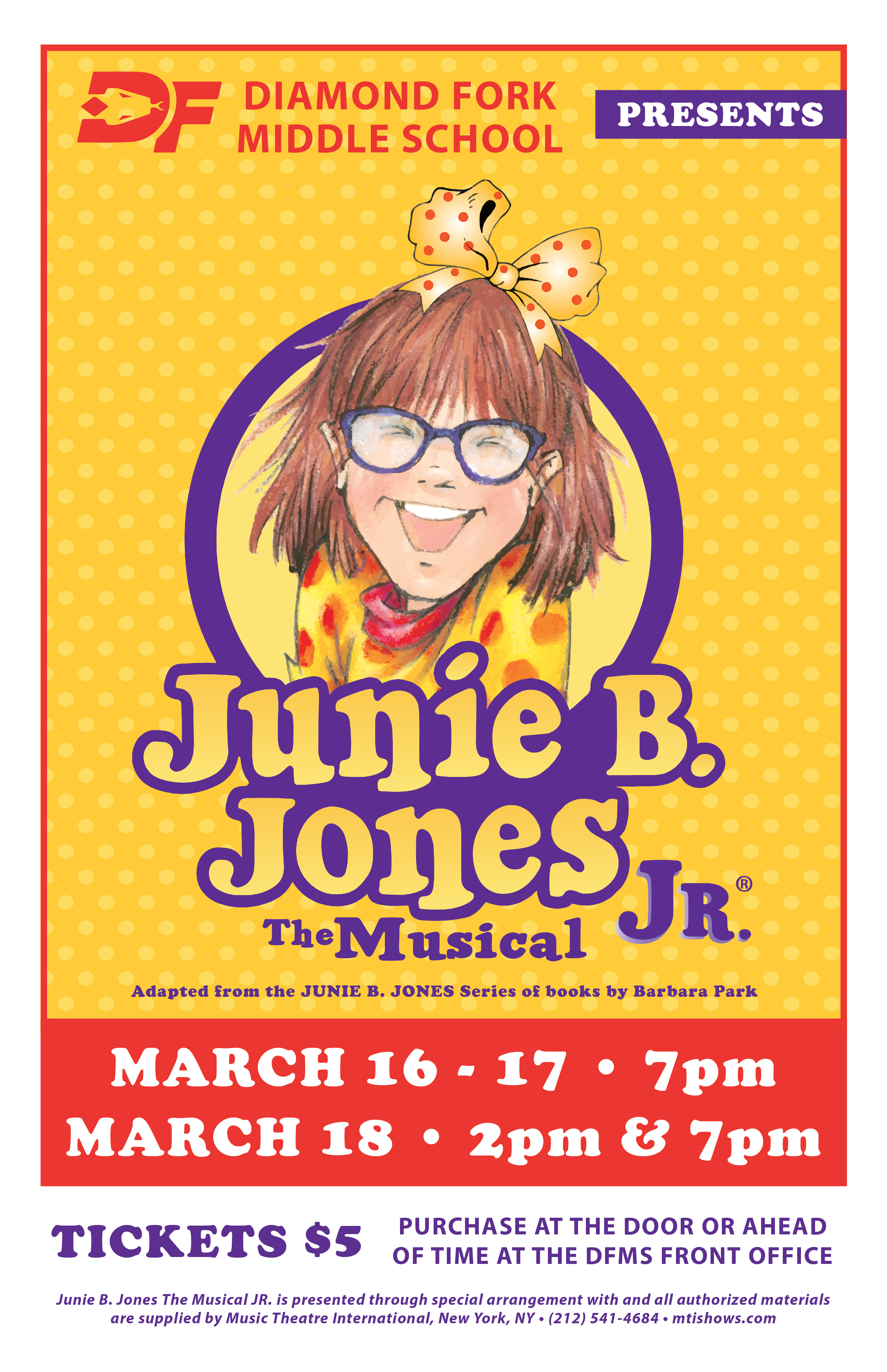 Poster advertising Junie B. Jones the Musical March 16-18th 